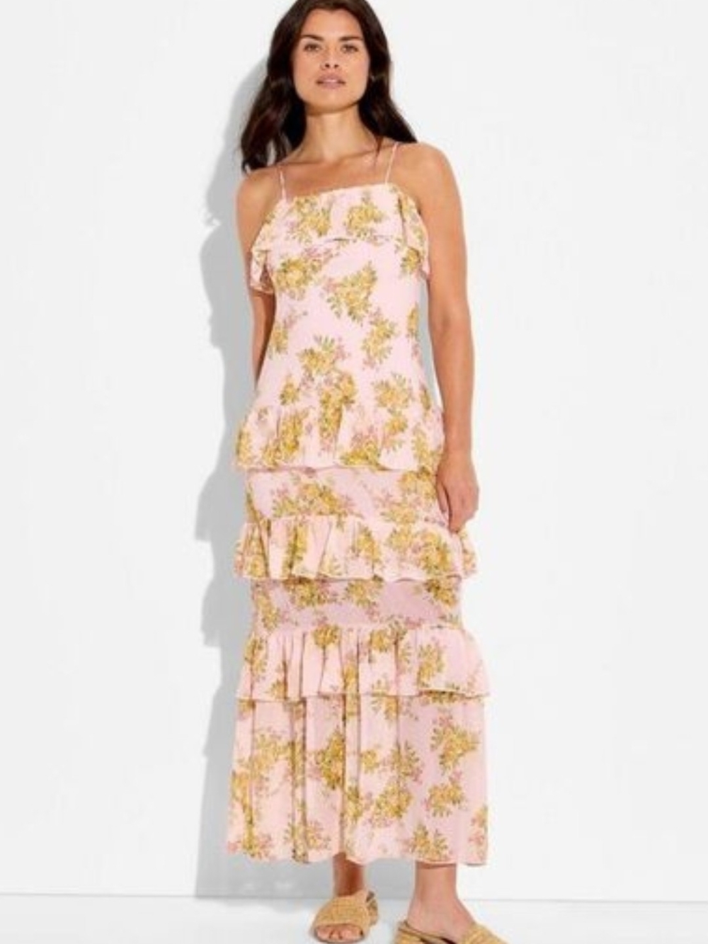 NWT Wild fable Pink Floral Ruffle Tiered Maxi Dress Sz L